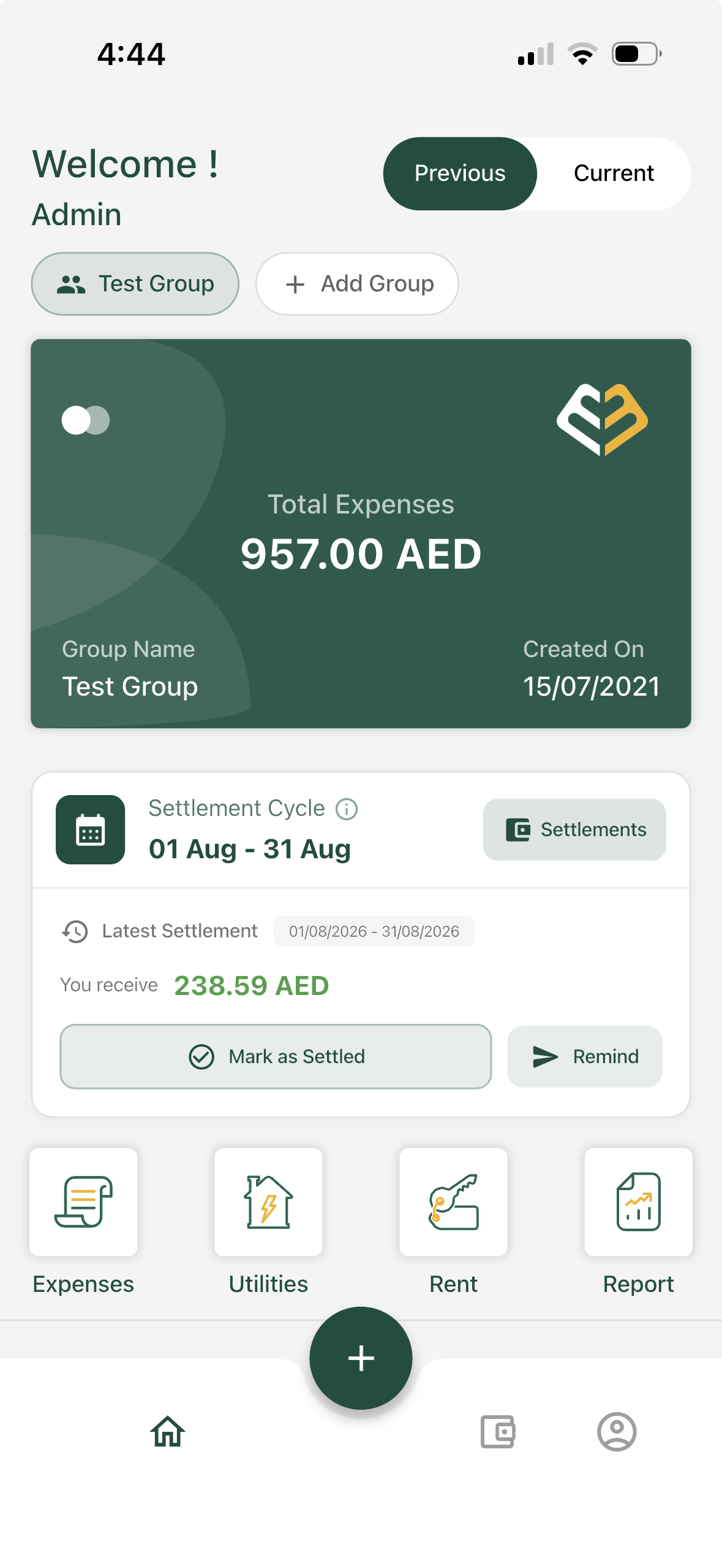 Mess Book's Select Report Type screen, with options to split expenses based on days or based on shared expenses