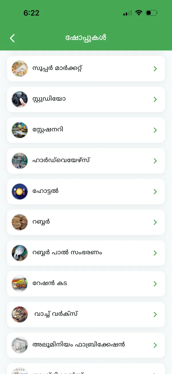 Shop categories in the Thalayatukar app, such as supermarket, stationery, hardware, hotel and ration shop